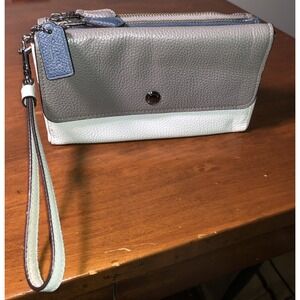 Coach triple pebble zip wallet clutch wristlet grey blue 29911